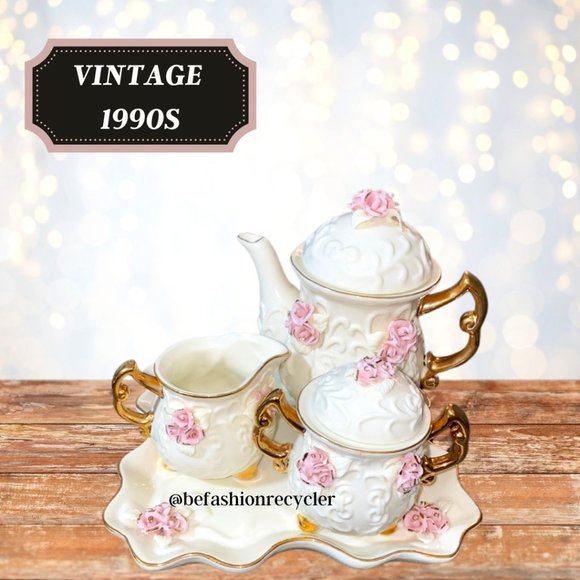 Vintage Handmade Porcelain Tea Set Pink Roses and 10K Gold Trim